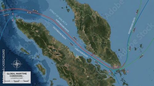 Satellite view map of strait of malacca maritime shipping routes and navigation channels