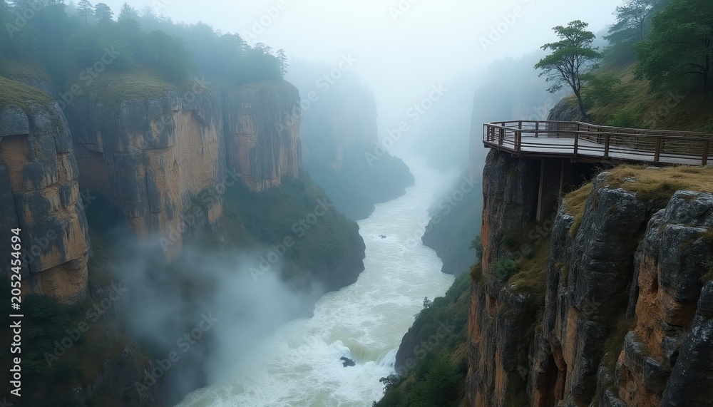 Fototapeta premium Misty canyon view with river rapids below. Wooden viewing platform on cliff edge offers expansive scenic overlook. Rugged cliffs, green vegetation, and swirling fog create dramatic natural landscape.