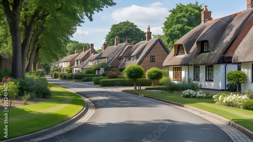 Quaint English Village Street with Traditional Thatched Roof Cottages and Lush Gardens