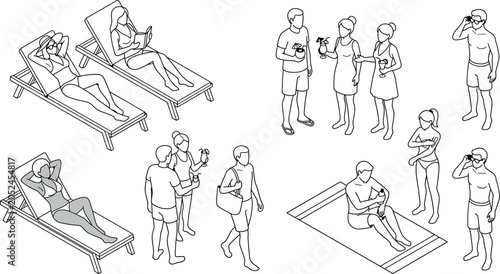 Isometric people relaxing at the beach, sunbathing on lounge chairs, drinking cocktails, and applying sunscreen, vector illustration transparent background