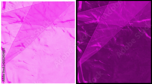 Photos Pink wrinkled plastic texture background, abstract crumpled cellophane film over