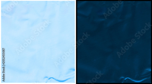 Tableau sur toile Crumpled blue plastic texture set, wrinkled polyethylene film background, light