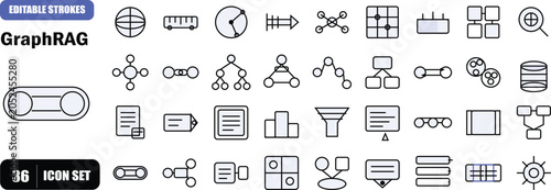 Bild auf Leinwand A premium set of 36 flat outline icons representing GraphRAG systems combining vector semantic search with structured knowledge graphs for AI and data intelligence branding