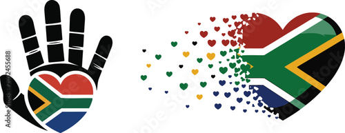 Generous hand holding a South African flag heart alongside a dissolving flag heart with many small hearts