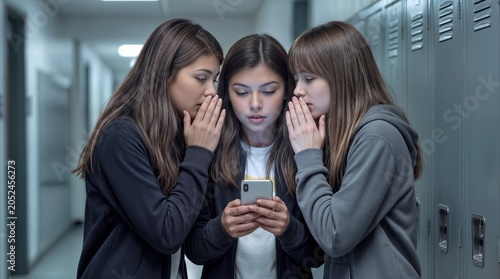 Teenage girls gossiping and whispering while looking at smartphone in school hallway. Social media interaction and peer pressure among students.