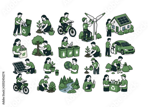 Ecology Nature Series collection of digital illustrations NOT icons NOT symbols, 12?20 character-driven small scenes of people recycling, planting trees, riding electric bikes, maintaining wind power,