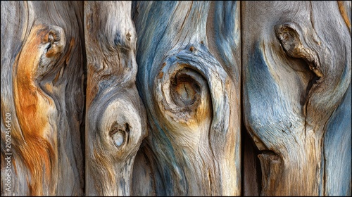 Weathered wood grain displays rich texture and striking natural coloration across vertical segments