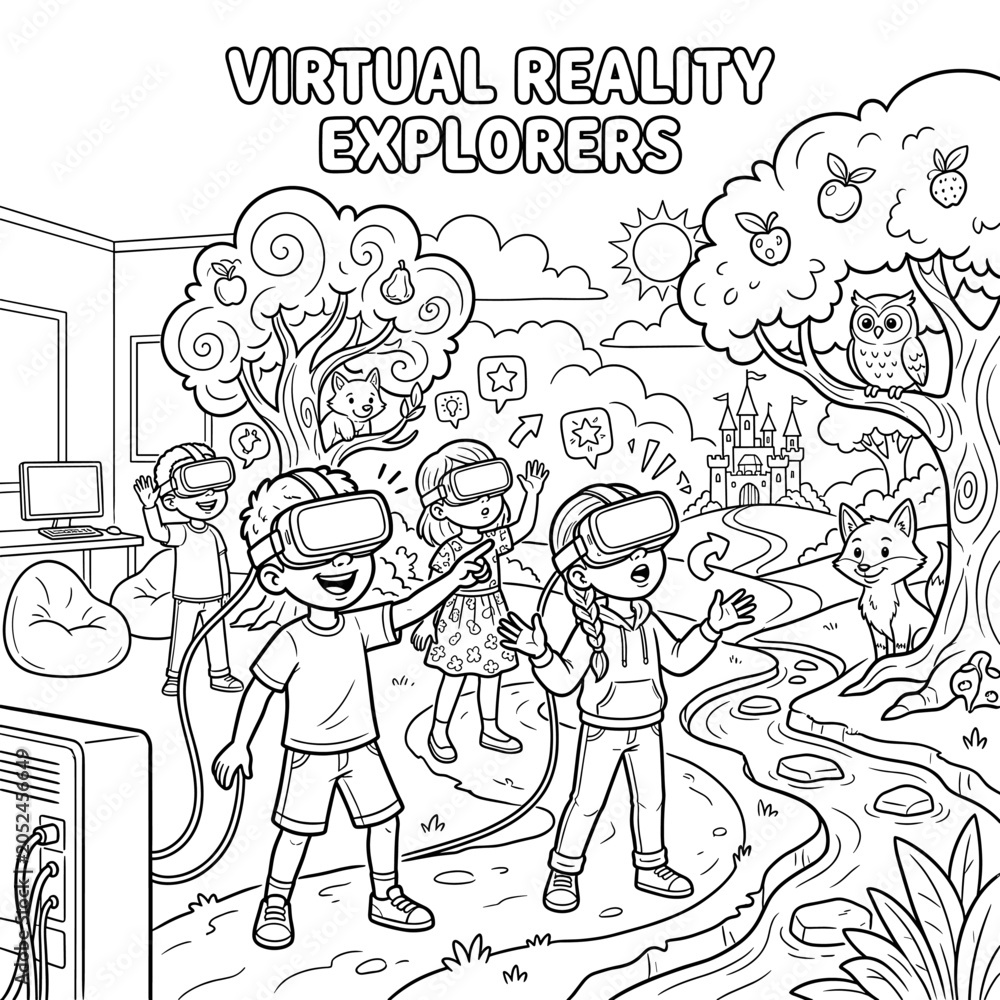 Obraz premium Virtual Reality Explorers Coloring Page for Kids