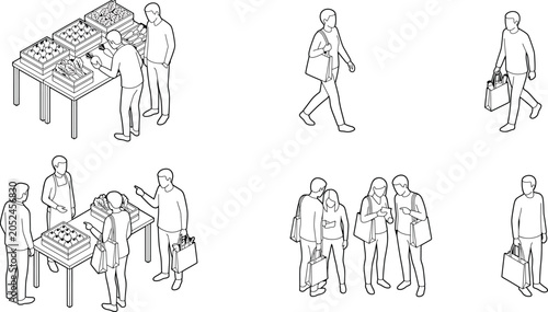 Isometric people shopping at a farmers market, buying fresh vegetables and groceries, vector illustration set transparent background