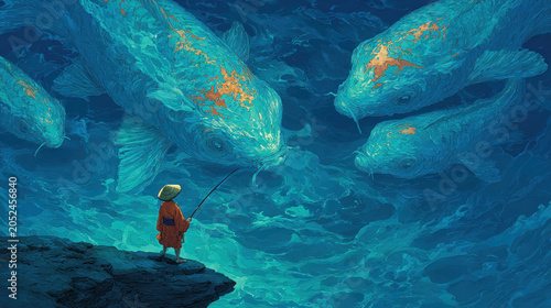Lone fisherman standing on rock watching giant glowing fish swimming in blue water