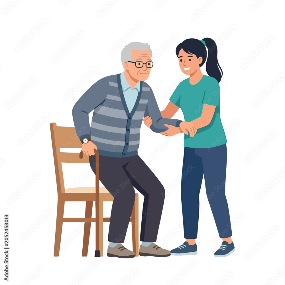 Obraz premium A Vector illustration of a young woman helping an elderly man sit down on a chair in a home environment with care and support.
