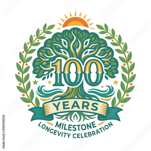 Vector illustration of a tree with 100 years milestone longevity celebration logo surrounded by leaves and sun