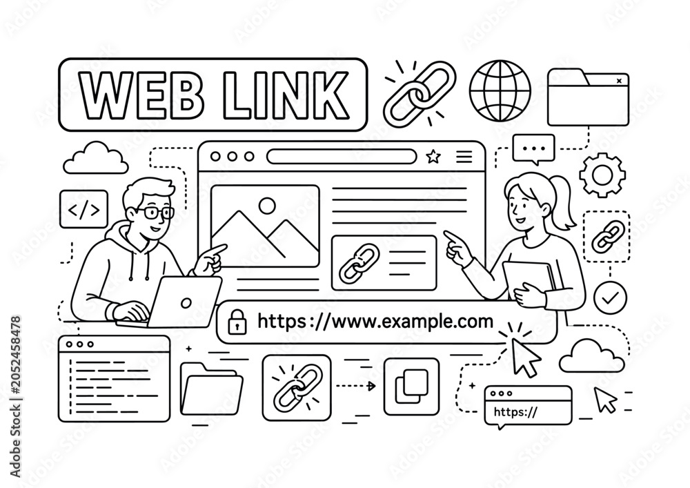 Fototapeta premium Internet URL Link. Clean outline line art banner with one wide webpage link scene, two developers beside oversized URL bar and giant webpage board, small details link chain, cursor, globe, browser