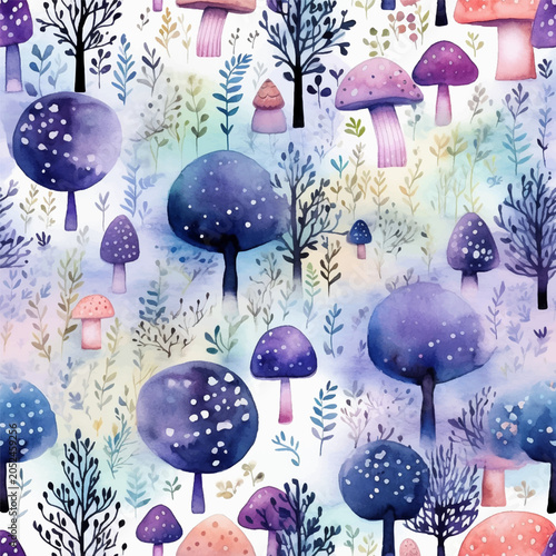 Whimsical mushroom-themed seamless forest landscape with vibrant hues of purple, pink, and blue. Watercolor background blends artistry with nature, playful seamless vector pattern of mushrooms, trees
