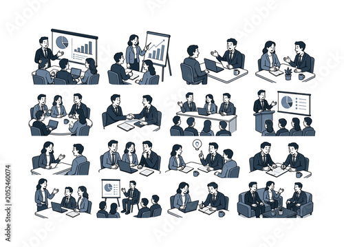 Business Meeting Series collection of digital illustrations NOT icons NOT symbols, 12?20 character-driven small scenes of people giving presentations, interviewing, holding conferences, signing