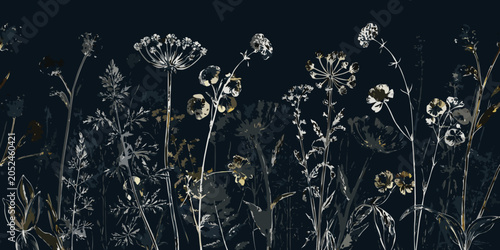 Dark floral pattern with sketched wildflowers on a black background