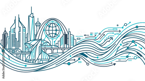 Canvas-taulu Futuristic cityscape with abstract digital data flow, technology and innovation concept