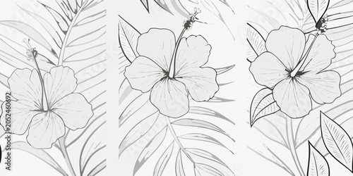 Foto Hibiscus floral ornament grayscale vector illustration with leaves and stems