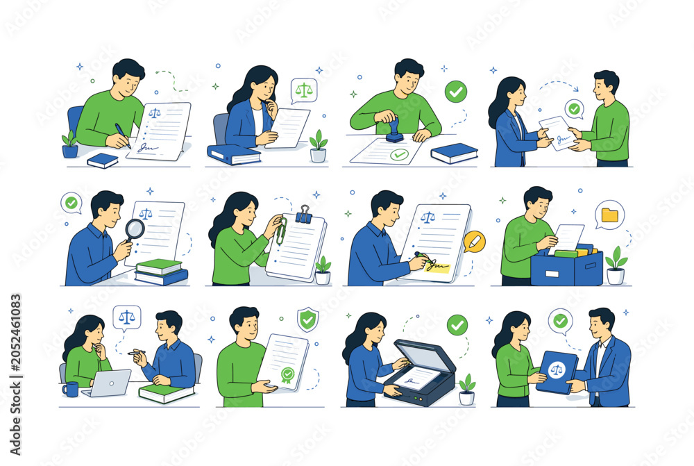 Fototapeta premium Signed Contract Document. Contract signing, document approval, legal paperwork, signature process, agreement review, verification, and office workflow. 12 minimalist editorial vector scenes: a
