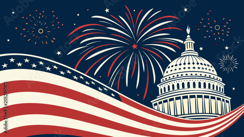 Foto American flag backdrop with fireworks and spacious copy area.