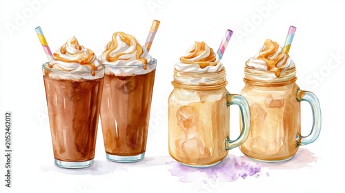 Watercolor painting of four chilled coffee drinks with whipped cream and caramel sauce in tall glasses