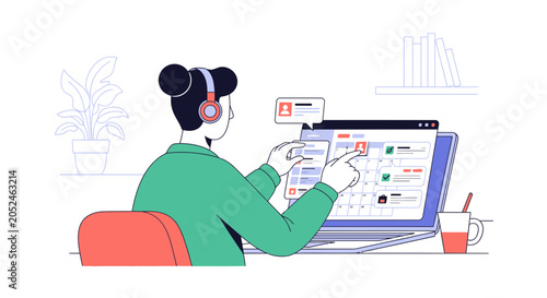 Woman working on laptop computer.