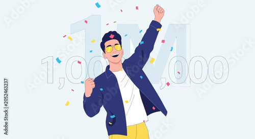 Young man celebrating with arms raised.