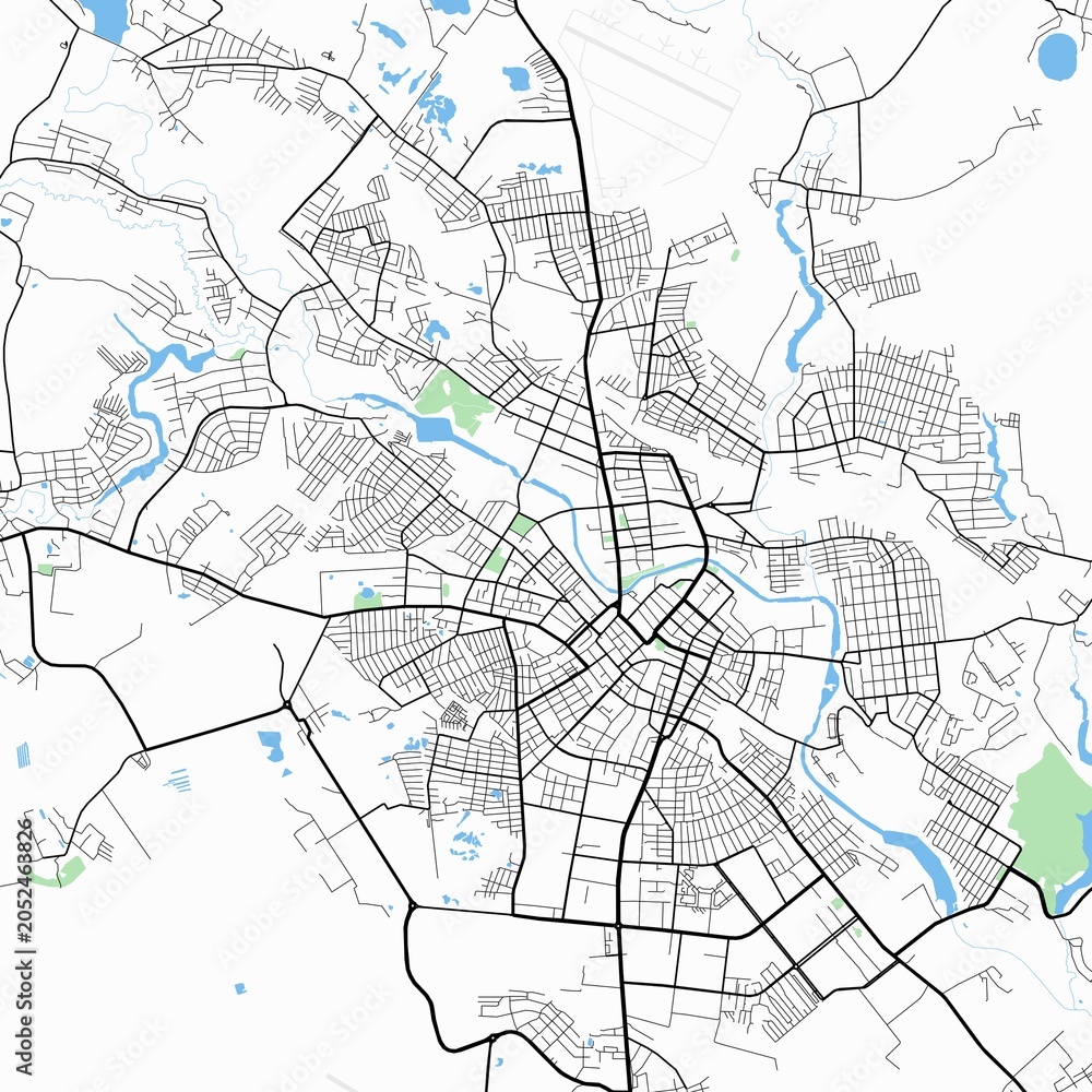Obraz premium Minimal vector street map of Ivanovo, Ivanovo Oblast, Russia. Detailed urban city plan with roads, highways, residential districts, river landscape, and surrounding natural areas. Modern cartography s