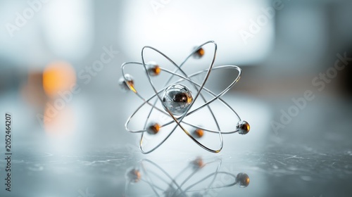 Stylized atom model on reflective surface for science and technology concepts