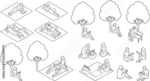 Set of isometric people relaxing in the park, reading books, having a picnic, sitting on blankets and benches under trees transparent background