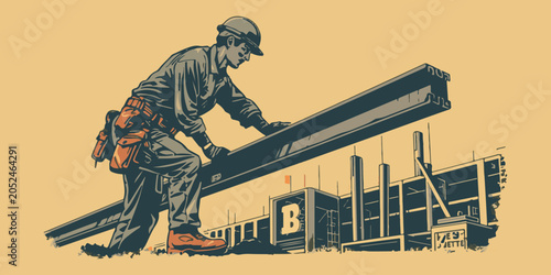 Photography Vintage construction worker carrying steel beam at building site retro industrial vector illustration