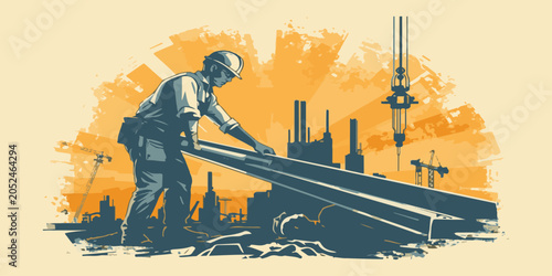 Schilderij op canvas Vintage construction worker carrying steel beam at building site retro industrial vector illustration