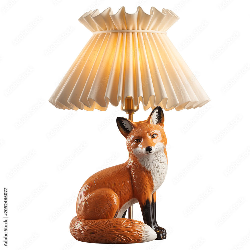 Fototapeta premium Decorative table lamp with a realistic sitting fox figure base and pleated fabric shade isolated on transparent background.