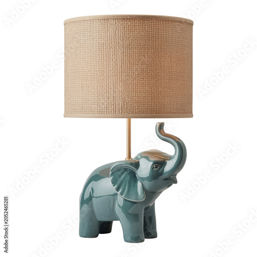 Decorative teal elephant-shaped table lamp with a linen shade isolated on transparent background