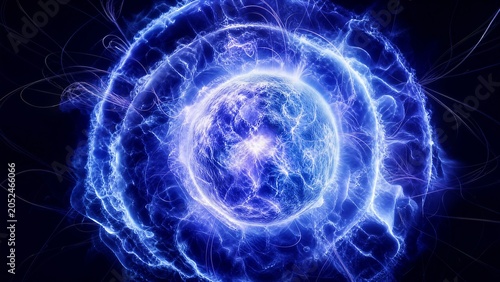 Turbulent swirling sphere of ultra-dense plasma glowing with blinding electric blue and violet light. Superheated helium fusion and chaotic magnetic field lines in a dark void