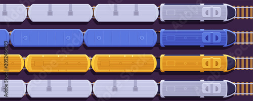 Foto A gray, blue, yellow train wallpaper with locomotives and carriages on tracks, viewed from above