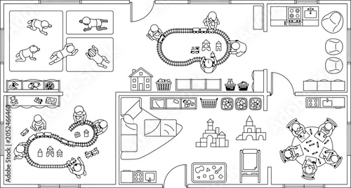 Top view of a daycare interior with children playing in different zones, including a play area, a reading corner, and a craft table transparent background