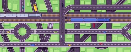 Canvastavla Railroad and highway vector flat illustration, cars, trains wagons and locomotiv