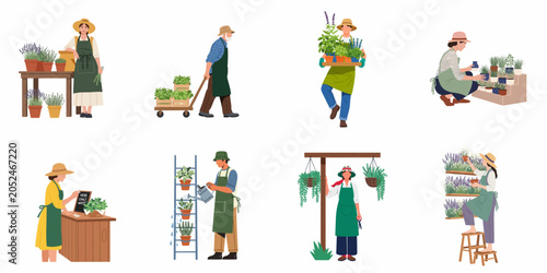 Collection of diverse people working in a garden center or plant nursery, tending to flowers, potted herbs, and various greenery in flat illustration style.