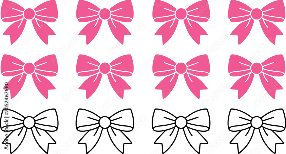 Fototapeta premium Pink bow, icon set, elegant ribbon shapes for invitations packaging accessories logos and decorative graphic applications
