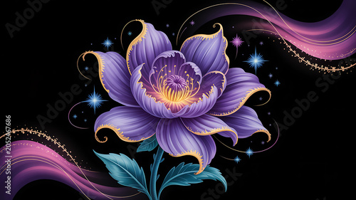 Glowing Purple Fantasy Flower with Golden Accents on Black Background