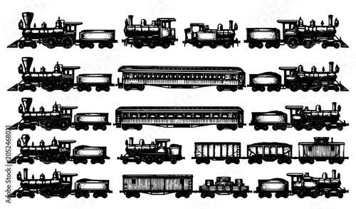 Foto Hand drawn vintage railway locomotive illustration set with steam trains and ret