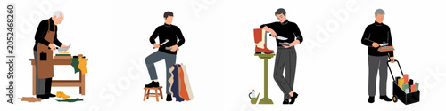 Schilderij op canvas Set of illustrations depicting professional leather craftsmen and shoemakers working with traditional tools, leather samples, and footwear in a flat design style