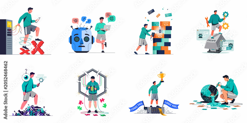 Fototapeta premium Set of flat vector illustrations depicting various technology errors, IT troubleshooting, system failures, and software bug concepts with a character.