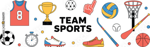 Canvastavla "Dynamic team sports vector illustration featuring basketball, soccer, baseball,
