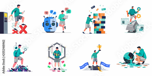 Konstfotografi Set of flat vector illustrations depicting various technology errors, IT troubleshooting, system failures, and software bug concepts with a character