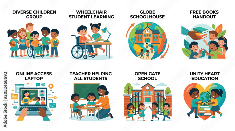 Fototapeta premium Vector Set of Diverse Children Engaging in Educational Activities at School
