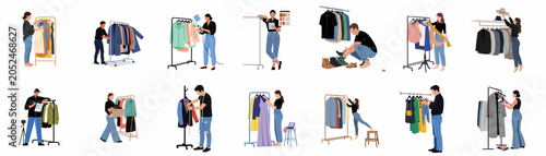 Set of diverse minimalist illustrations featuring fashion stylists and retail workers organizing, steaming, and selecting garments on clothing racks for professional apparel management.