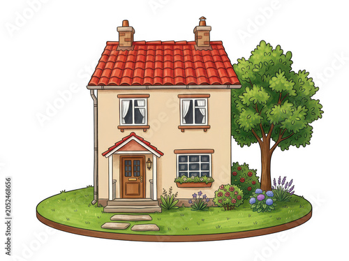 A charming twostory house with a red tiled roof isolated on transparent background