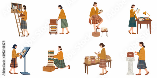 Flat illustration set of a female librarian or archivist organizing books, documents, and files in various library-related activities.